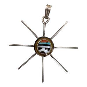 Vintage Zuni Inlay Sun Face Pendant Sterling Silver Native American Sunburst